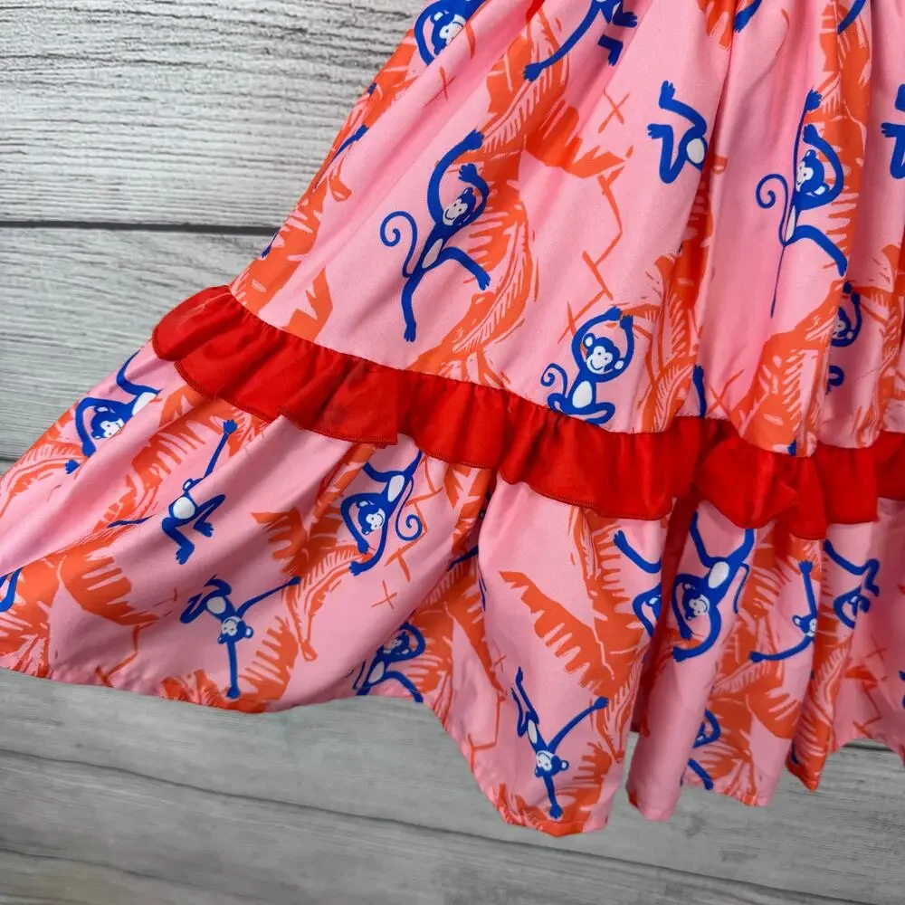 Peek Girl's Pink & Orange Monkey Printed Sleeveless Tiered Summer Dress Size 8